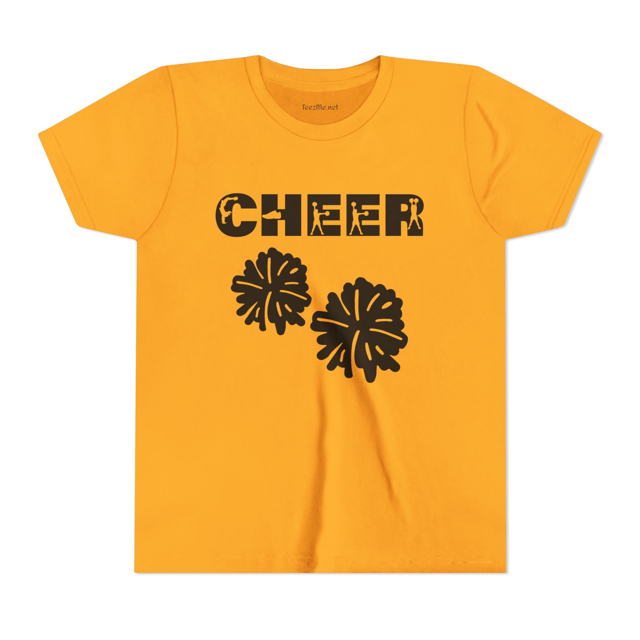 Youth Cheer T‑Shirt – 'CHEER' Graphic with Pom Poms | Kid Cheerleader Tee for Practice & Games