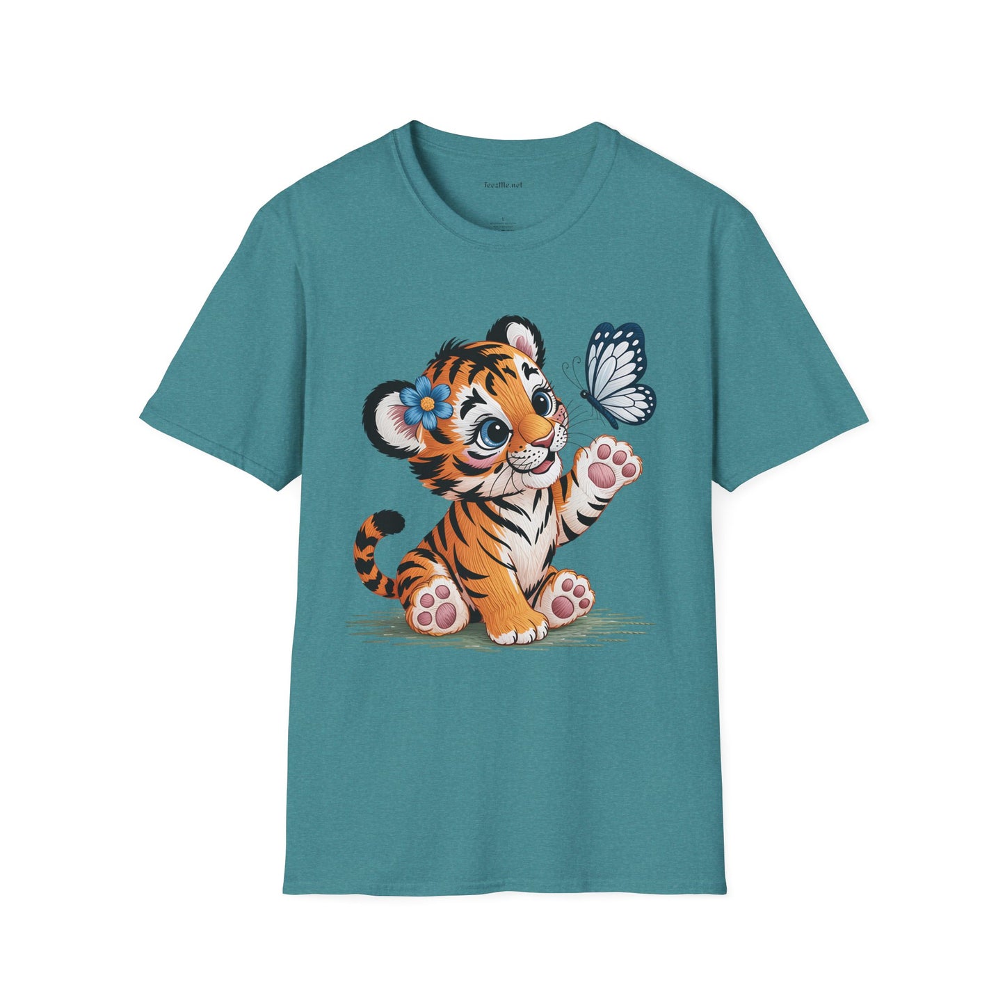 Cute Tiger Cub with Butterfly Unisex Softstyle T-Shirt 100% Cotton Graphic