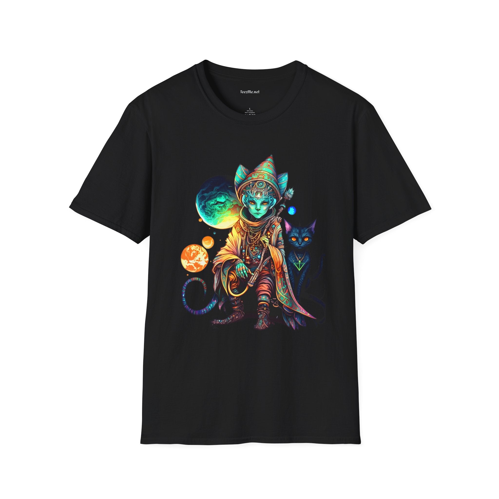 Alien Wizard with Cat Unisex Softstyle T-Shirt 100% Cotton Graphic