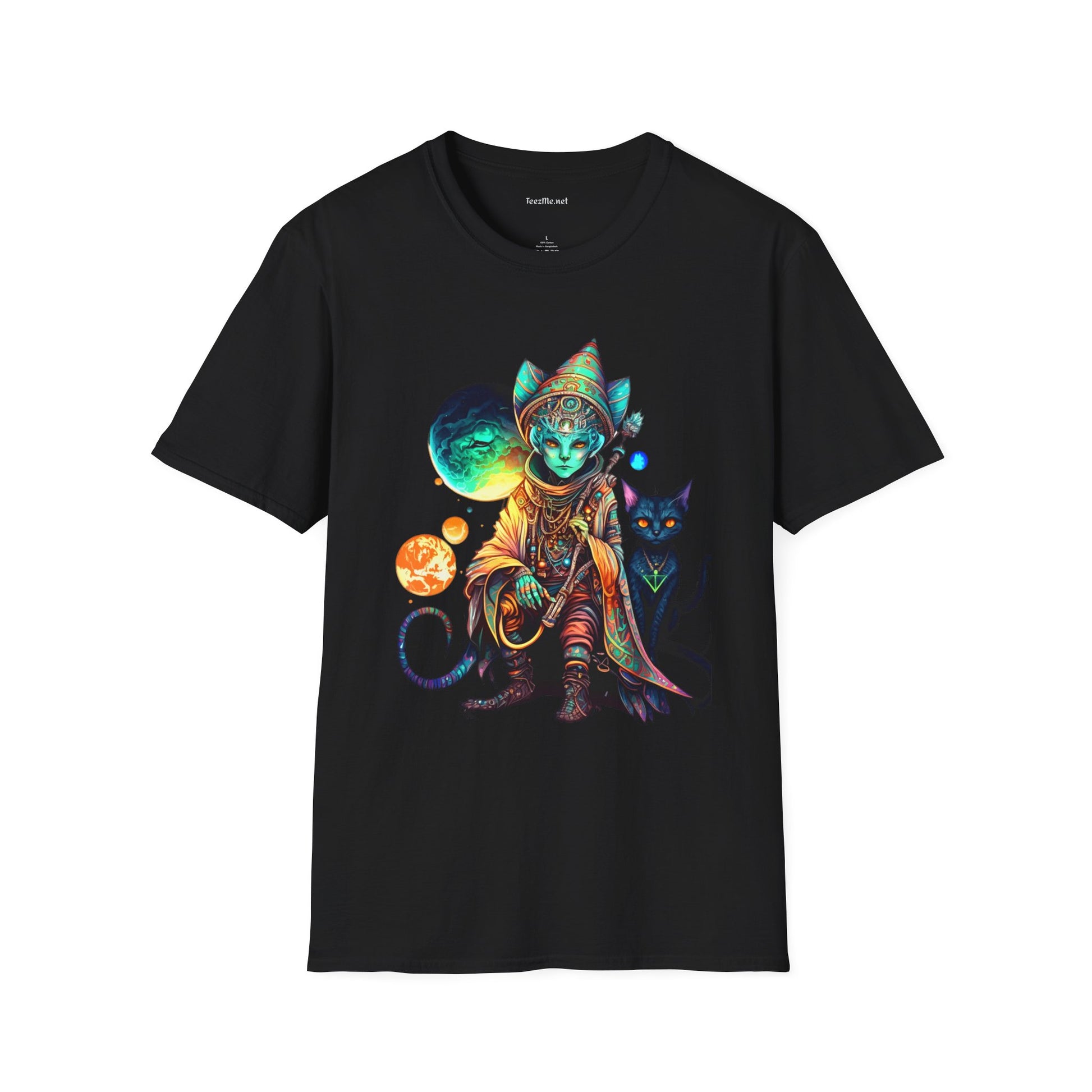 Alien Wizard with Cat Unisex Softstyle T-Shirt 100% Cotton Graphic