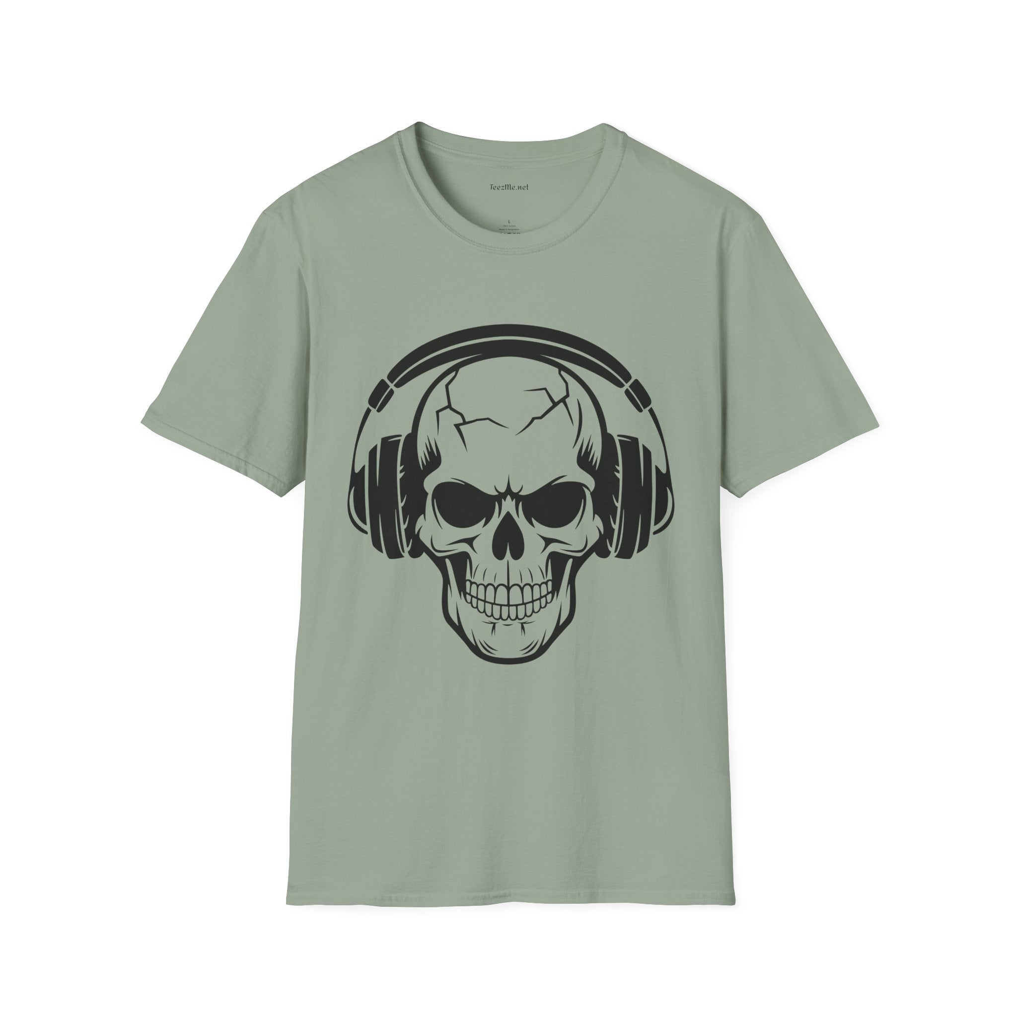 Skull wearing Headphones- Unisex Softstyle T-Shirt 100% Cotton Graphic