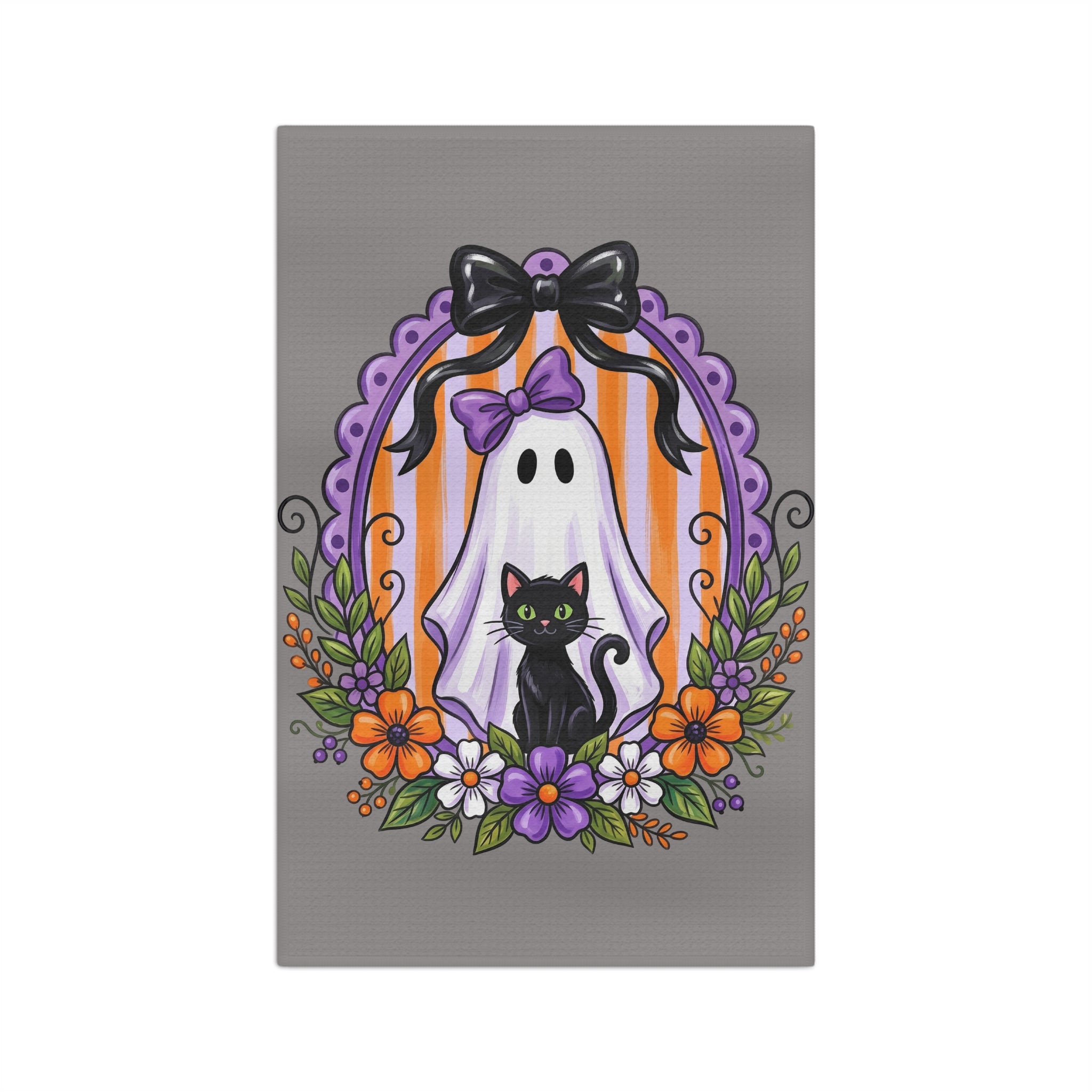 Halloween Ghost & Black Cat Tea Towel — Cute Spooky Gray Kitchen Decor