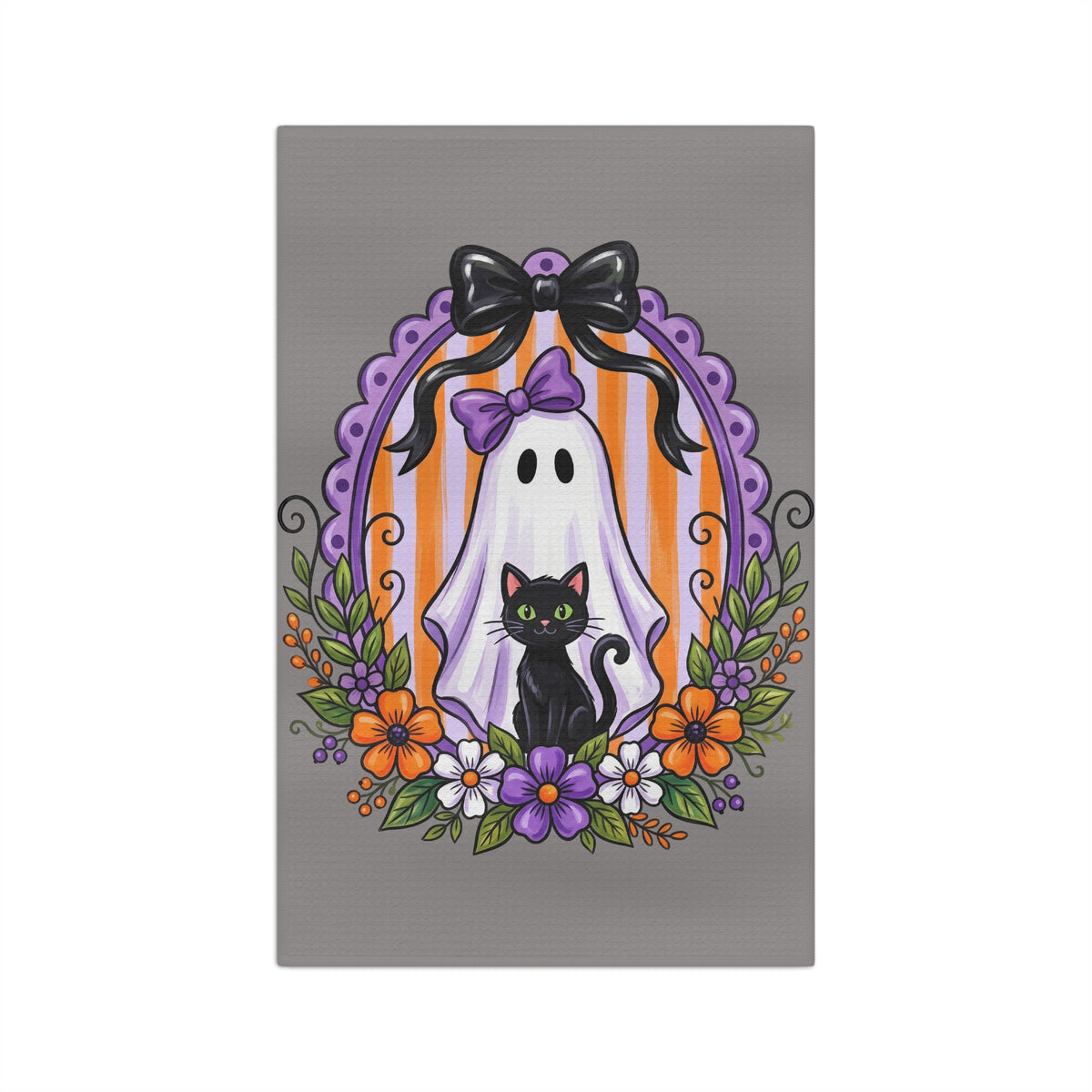 Halloween Ghost & Black Cat Tea Towel — Cute Spooky Gray Kitchen Decor