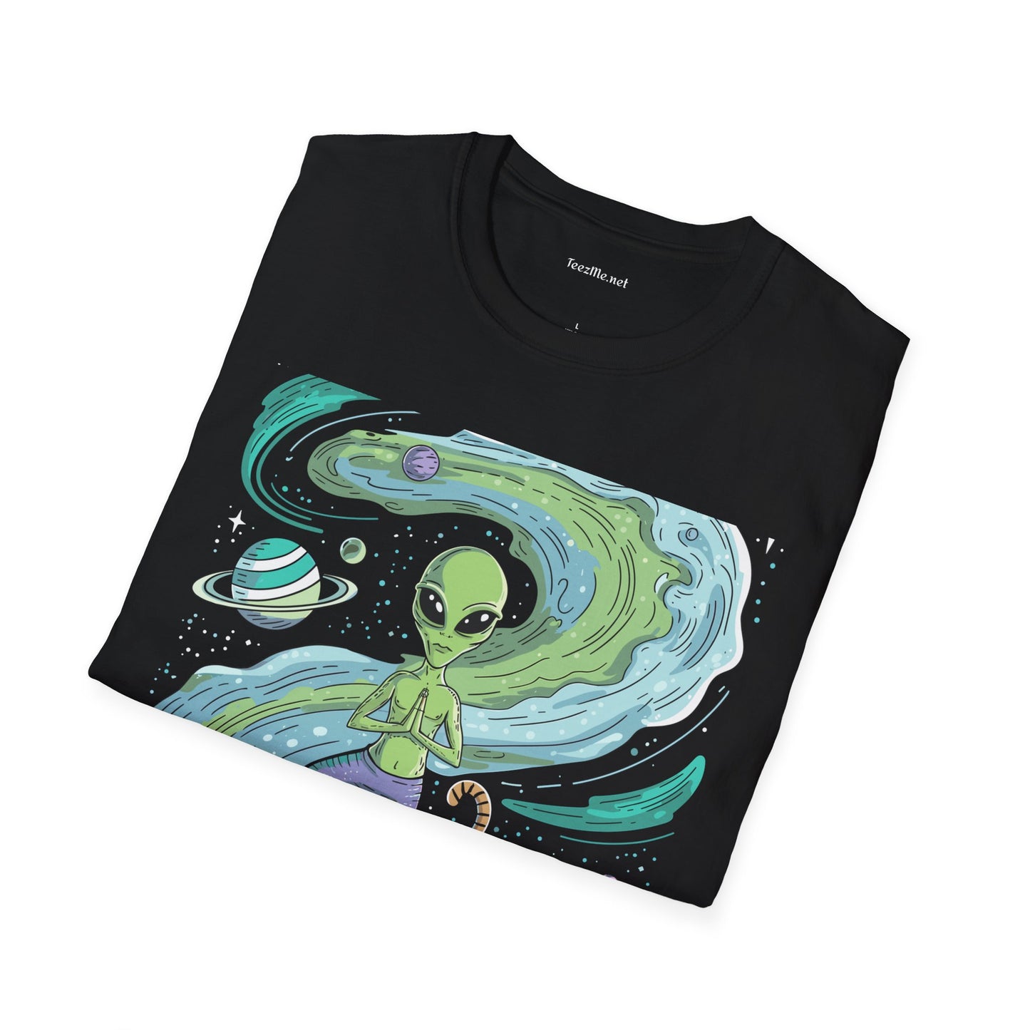 Yoga Alien with Cat Unisex Softstyle T-Shirt 100% Cotton Graphic