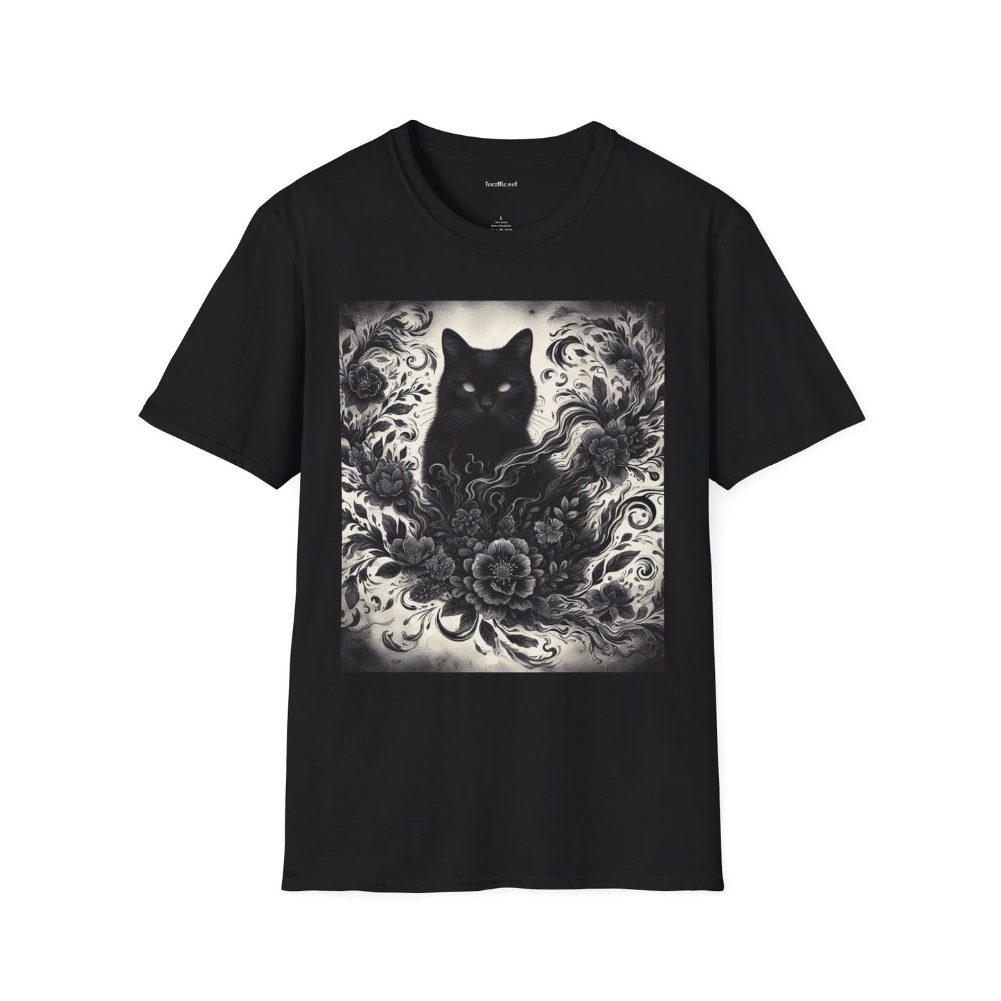 Black Cat Floral -Shirt 100% Cotton Graphic