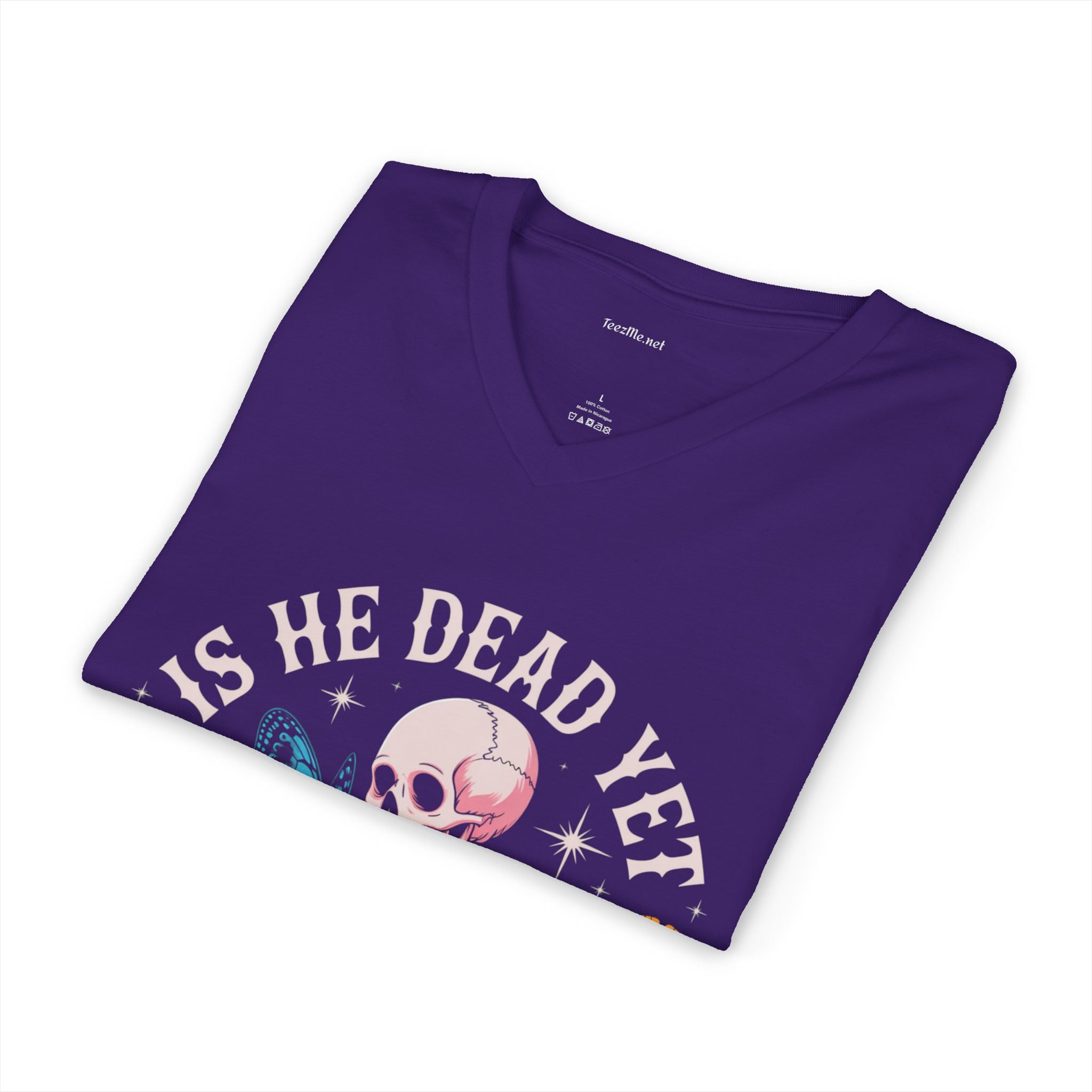 Is He Dead Yet? Skeleton Butterfly V-Neck Tee