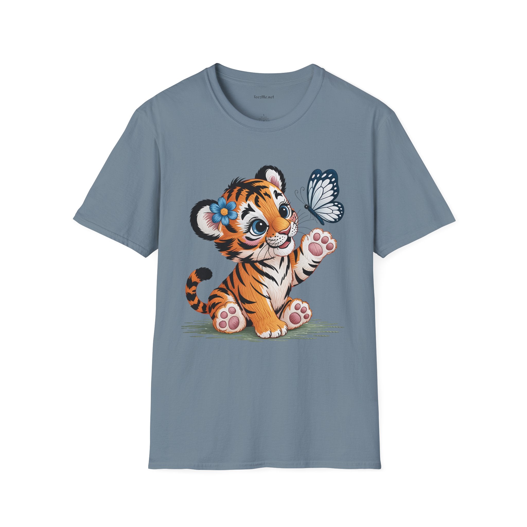 Cute Tiger Cub with Butterfly Unisex Softstyle T-Shirt 100% Cotton Graphic