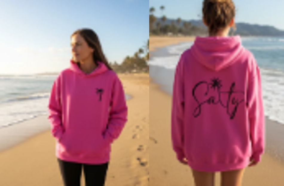 Salty Palm Hoodie — Coastal Script Beach Sweatshirt